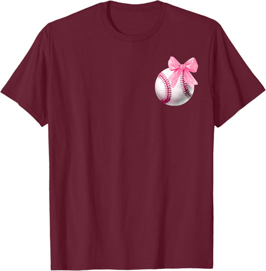 Cute Coquette Baseball Pink Bow Player & Fan Girls T-Shirt - T-Shirt | Maroon