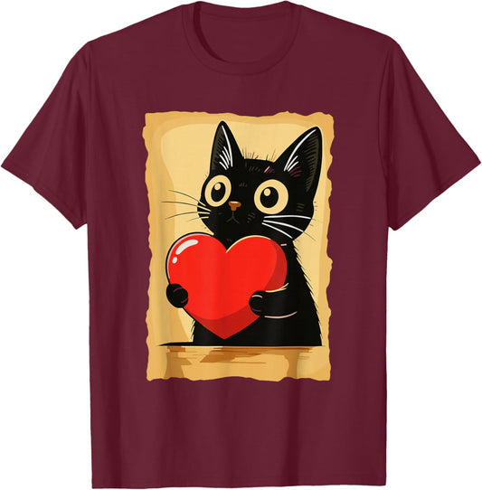 Black Cat Holding Heart Valentine Retro Kawaii Kitten T-Shirt - T-Shirt | Maroon