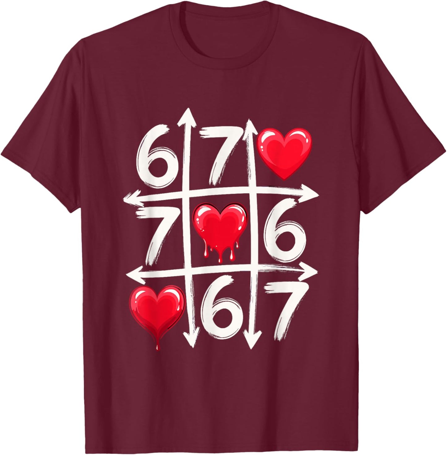 67 Six Seven Tic Tac Toe Hearts Valentines Day Meme T-Shirt - T-Shirt | Maroon