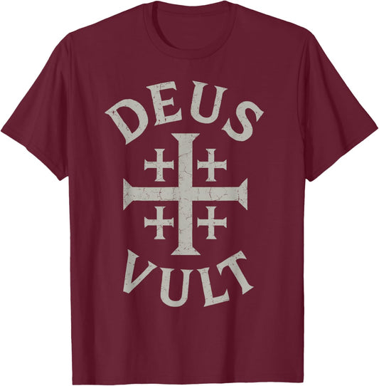 Deus Vult Catholic Knight Templar Crusader Cross Design T-Shirt - T-Shirt | Maroon