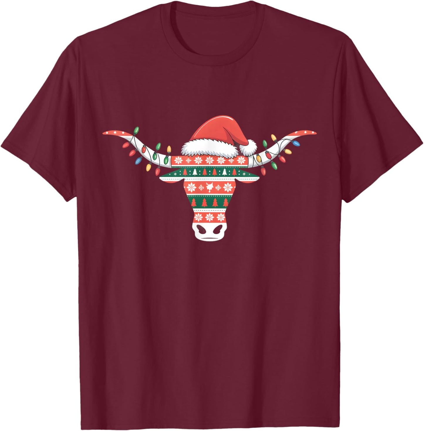 White Longhorn Ugly Christmas Sweater Santa hat Horn Antlers T-Shirt - T-Shirt | Maroon