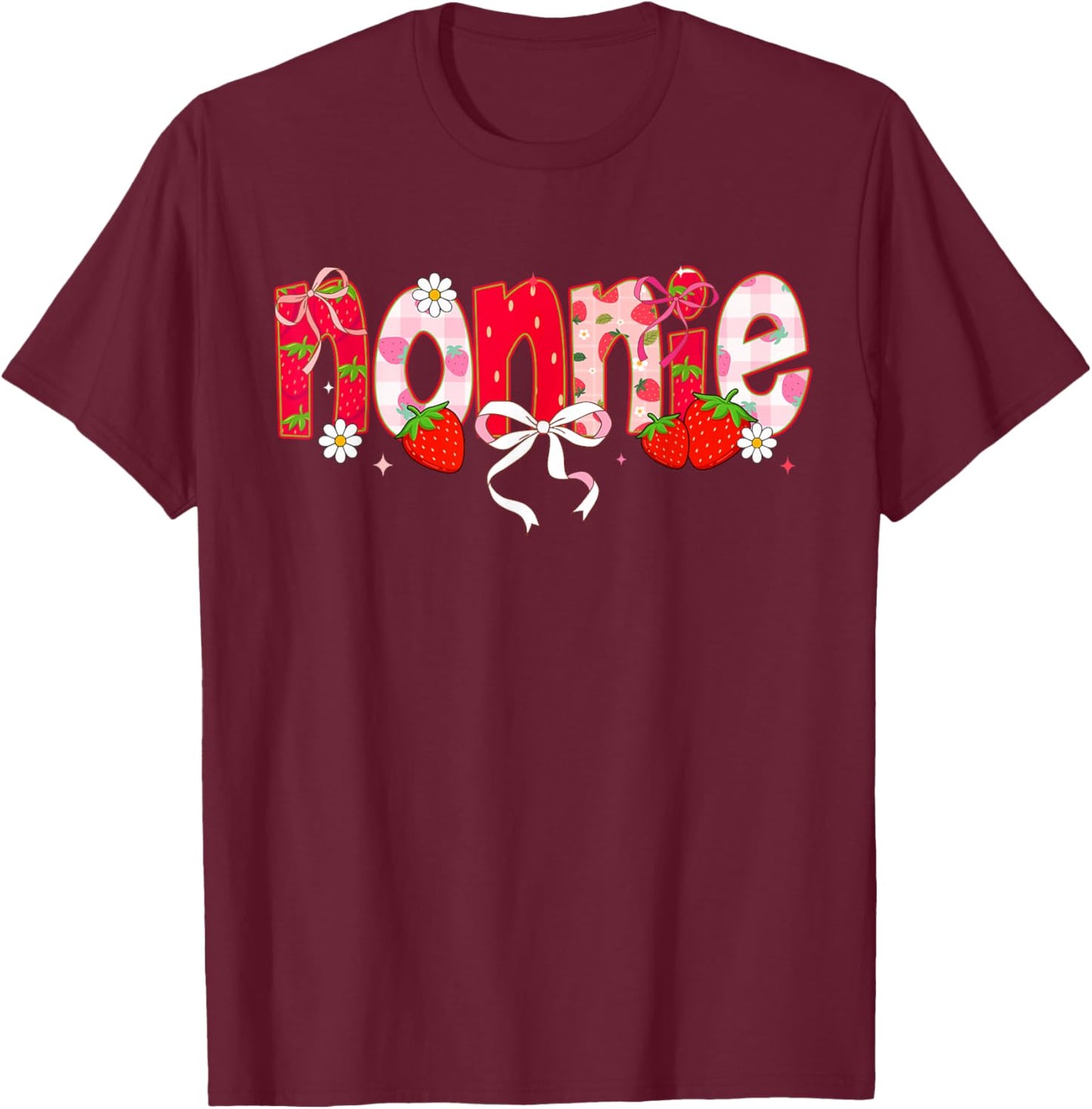 Strawberry Nonnie Coquette Bow First Birthday T-Shirt - T-Shirt | Maroon