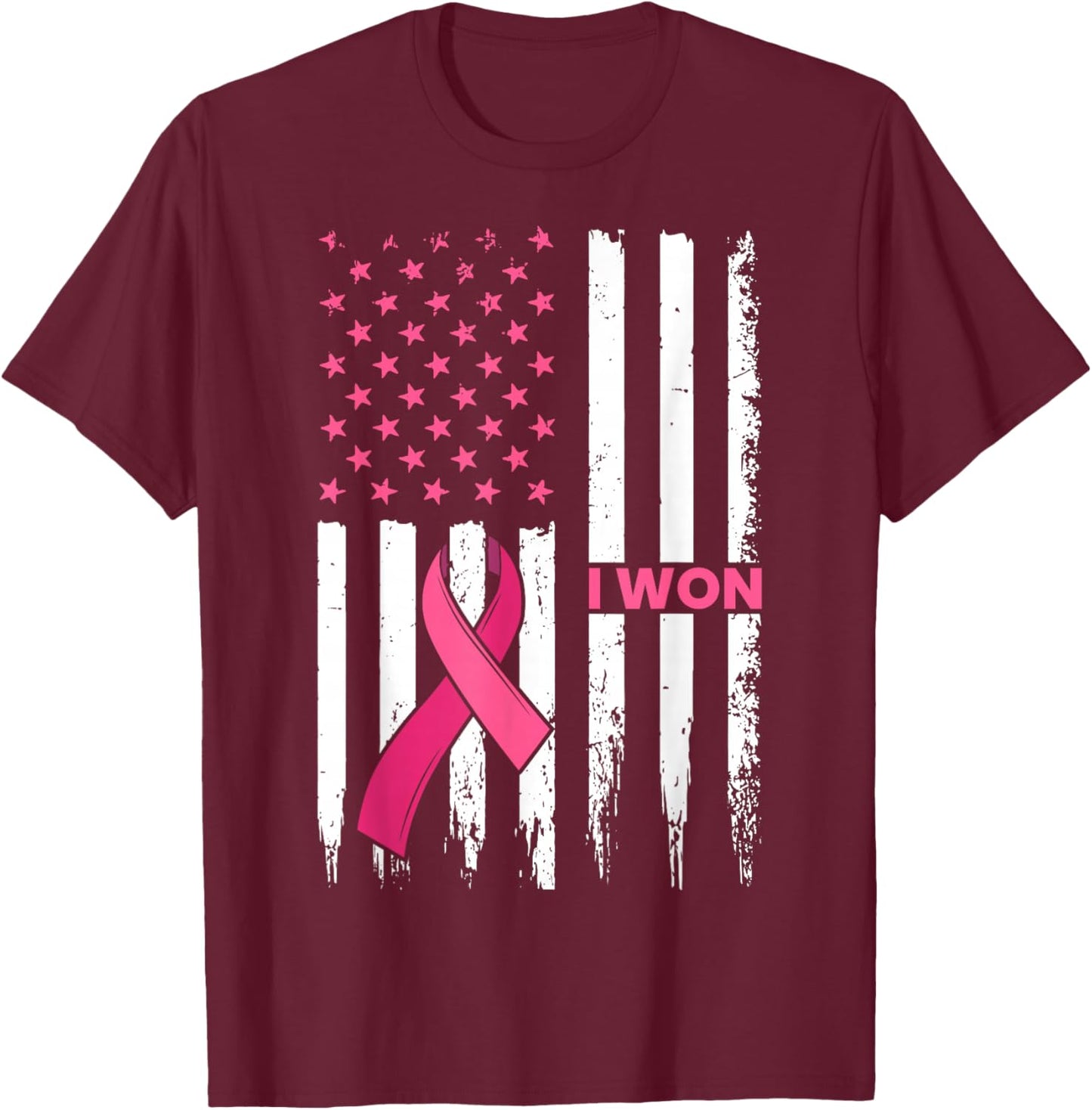 Breast Cancer Survivor I Won Pink Ribbon US Flag Awareness T-Shirt - T-Shirt | Maroon