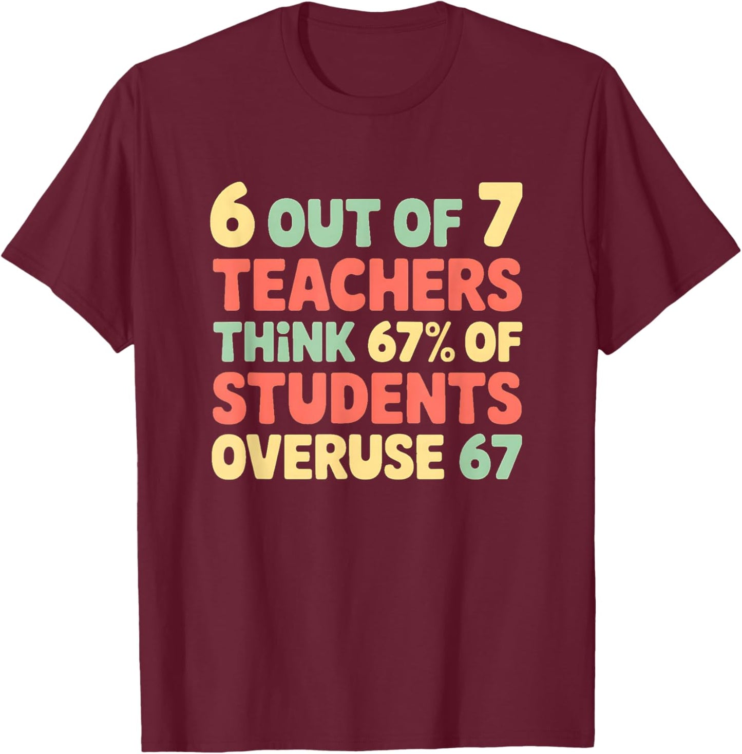 Funny 67 Teacher Shirt - Teacher 6 7 Funny Overuse 67 T-Shirt - T-Shirt | Maroon
