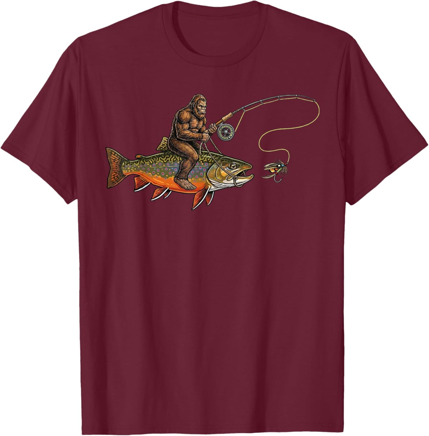 Brook Trout Fishing Bigfoot Riding Fisherman Funny Angler T-Shirt - T-Shirt | Maroon