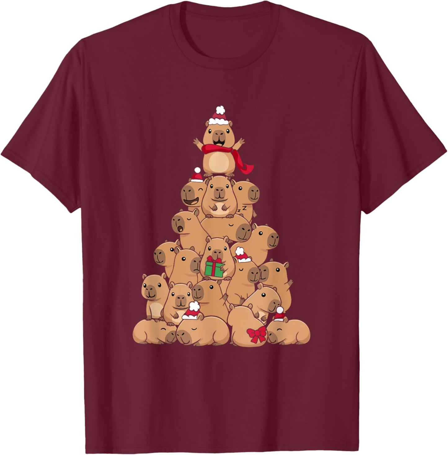 Cute Tree Men Women Kids Funny Capybara Ugly Christmas T-Shirt - T-Shirt | Maroon