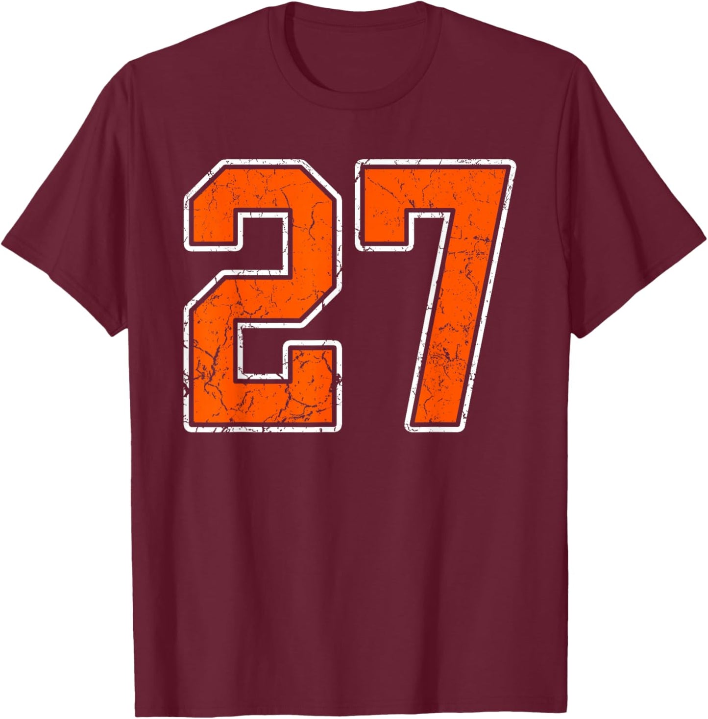 Distressed Orange White Number 27 Jersey Player Uniform #27 T-Shirt - T-Shirt | Maroon