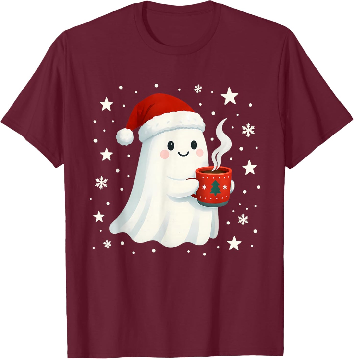 Cute Christmas Ghost with Hot Cocoa Santa Hat Winter Holiday T-Shirt - T-Shirt | Maroon