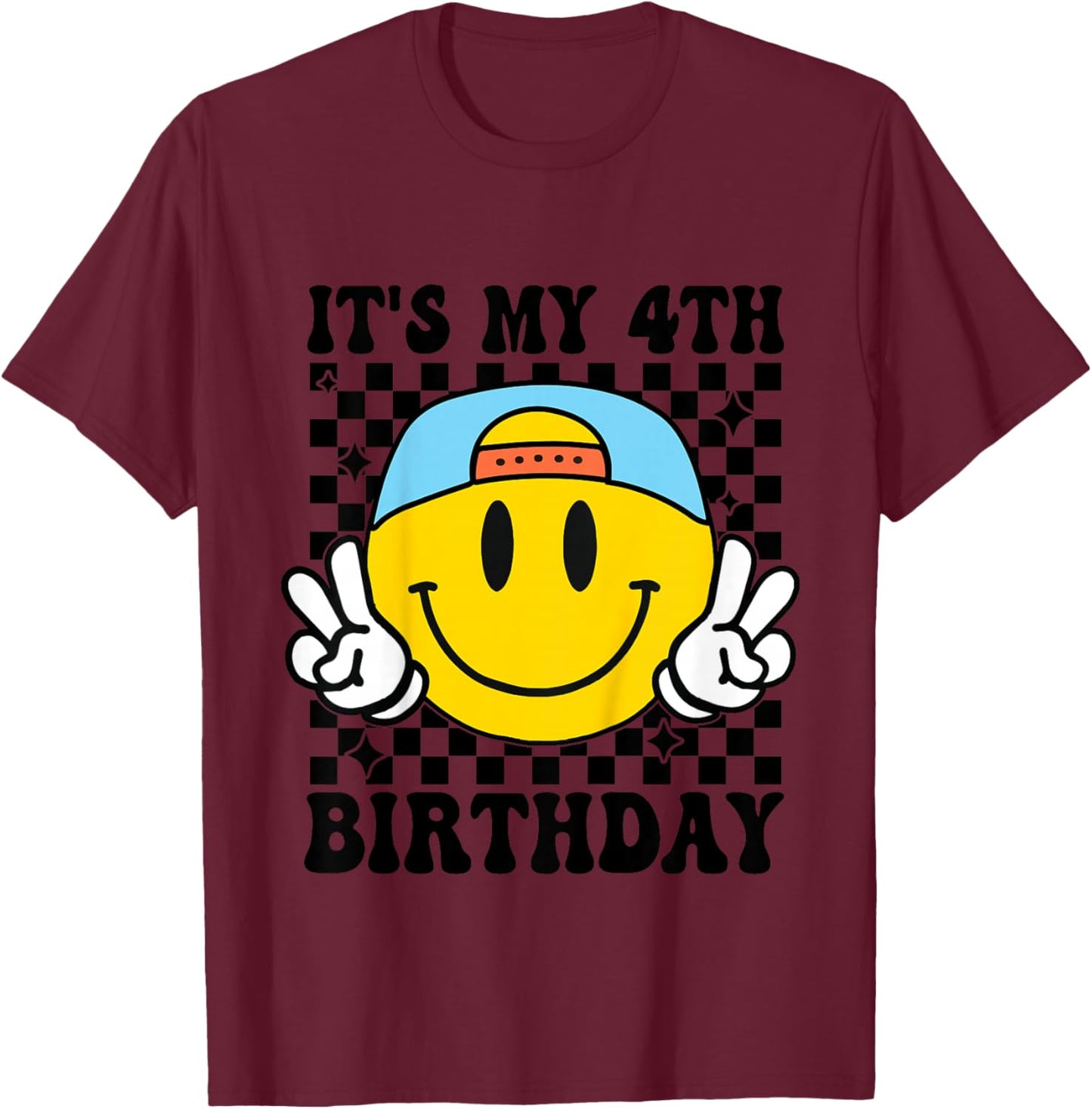 Its My 4th Birthday Smile face 4 Years Old Boys Girls T-Shirt - T-Shirt | Maroon