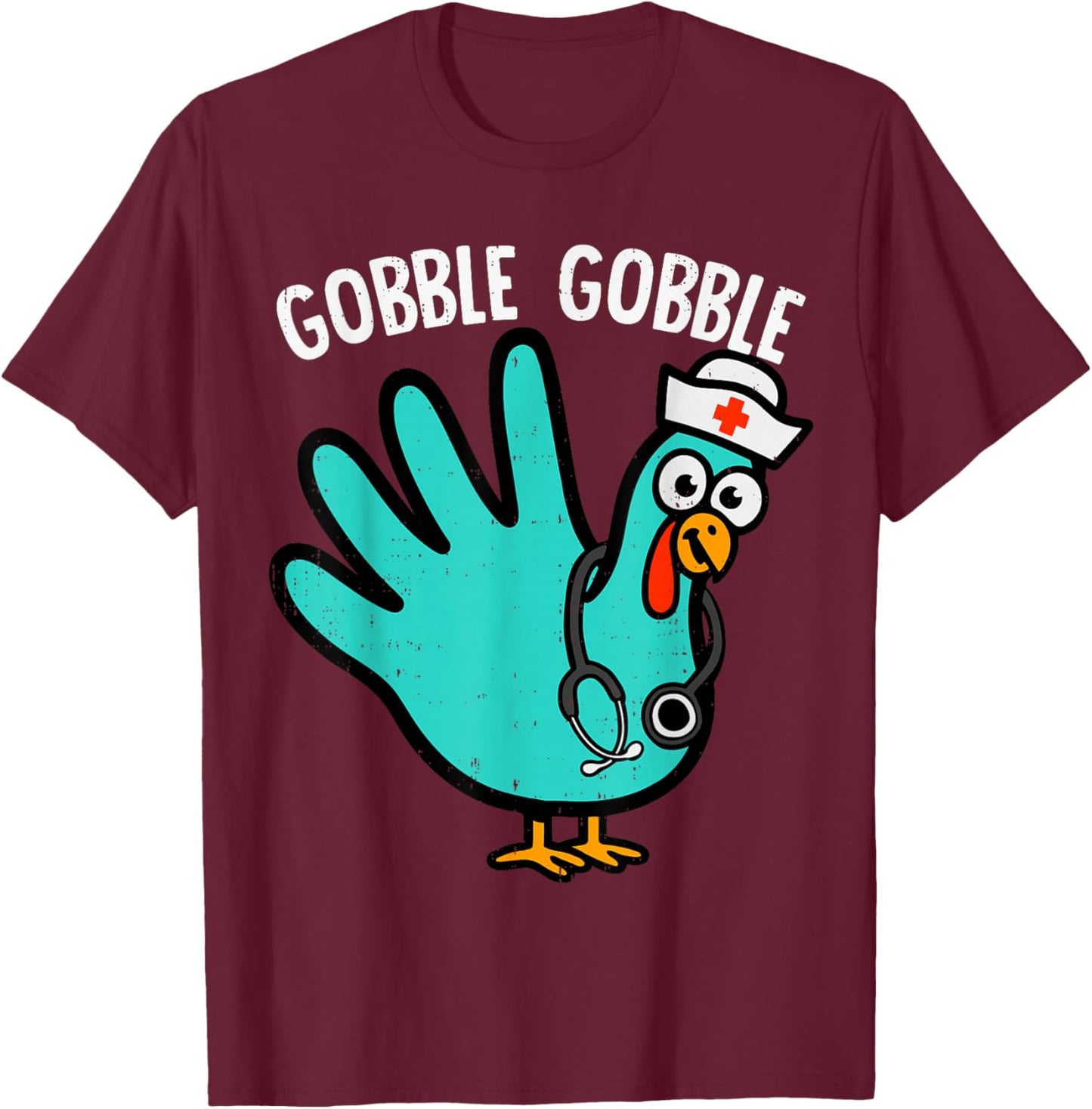 Cute Turkey Glove Nurse Thanksgiving Scrub Top RN ICU ER T-Shirt - T-Shirt | Maroon