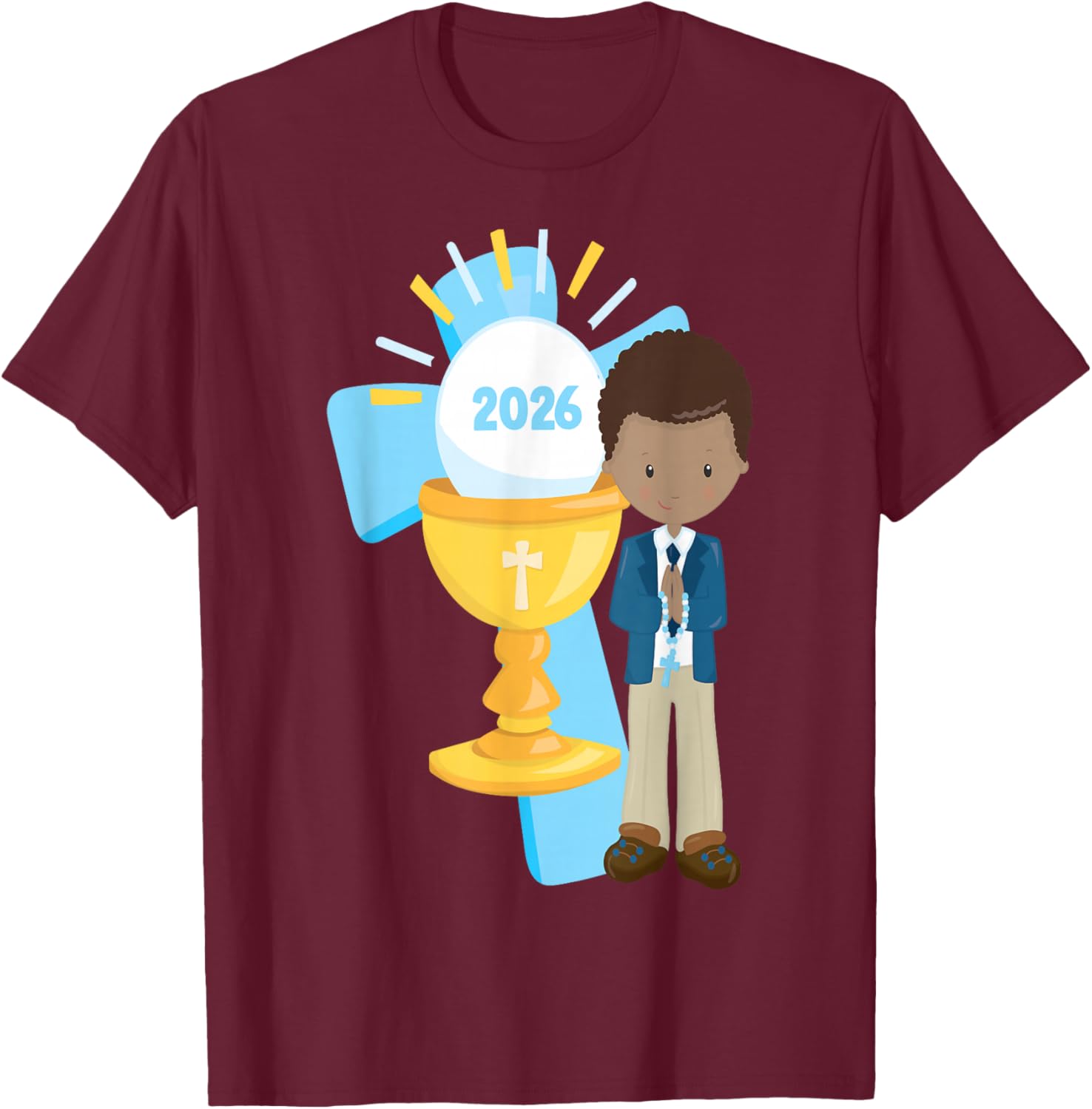 My First Communion Shirt 2026 African American Black Boys T-Shirt - T-Shirt | Maroon
