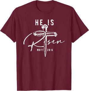 He is Risen Christian Cross Jesus Bible Verse Happy Easter T-Shirt - T-Shirt | Maroon