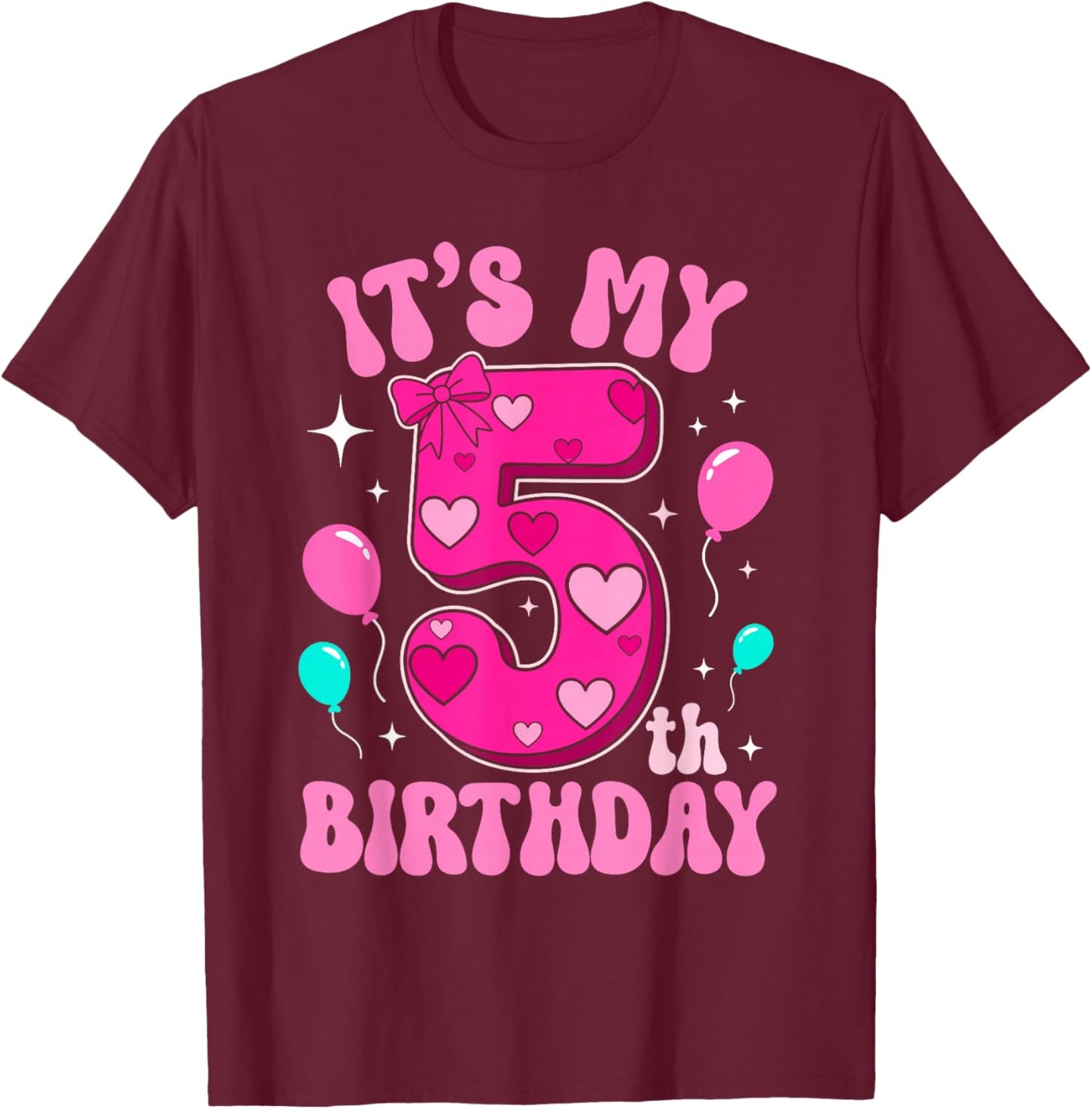 5 Year Old Pink Coquette Bow It's My 5th Birthday Girl T-Shirt - T-Shirt | Maroon