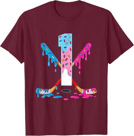 Hockey 1 Years Old Ice Cream Drip 1st Birthday Kids Gift T-Shirt - T-Shirt | Maroon