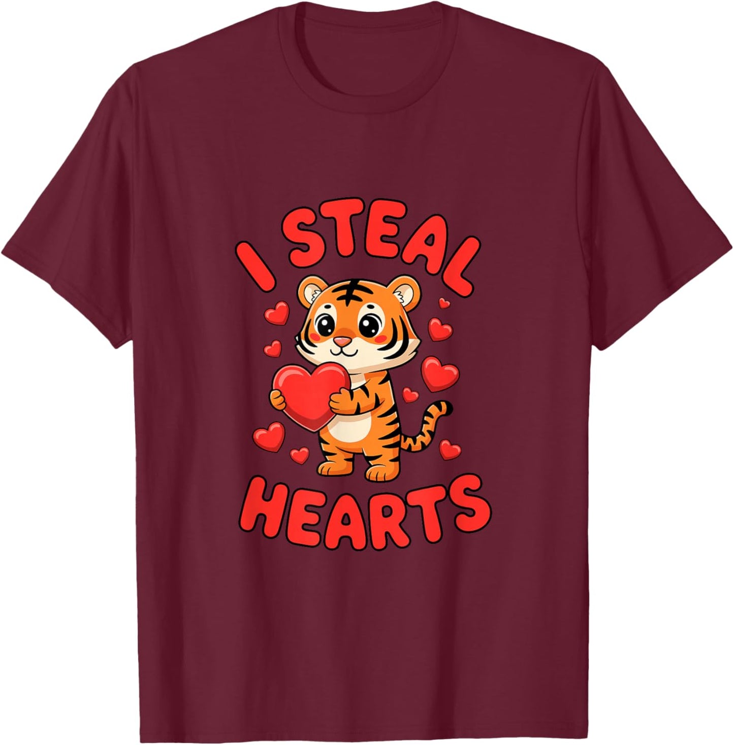 Valentine's Day Cute Tiger I Steal Hearts Love T-Shirt - T-Shirt | Maroon