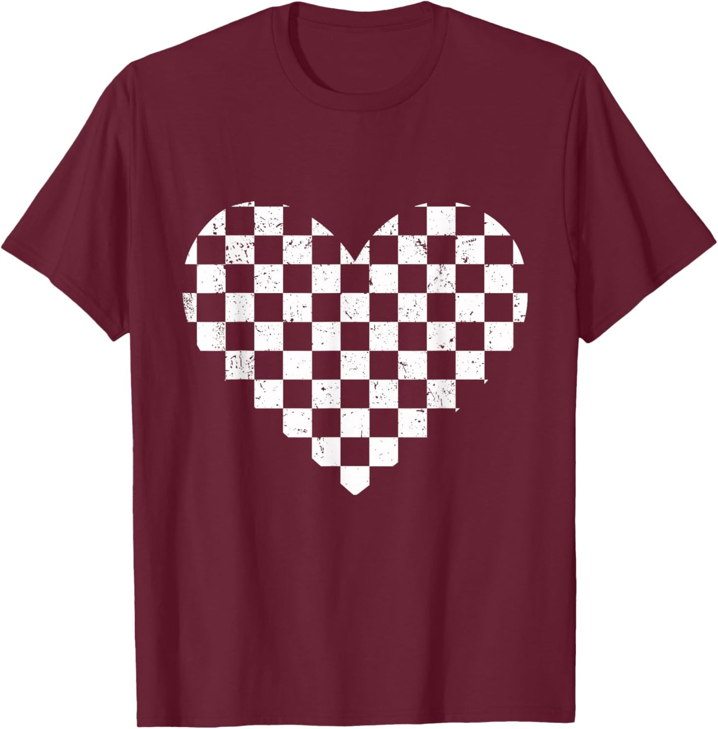 Girls Valentines Heart Silhouette Checkerboard Retro T-Shirt - T-Shirt | Maroon
