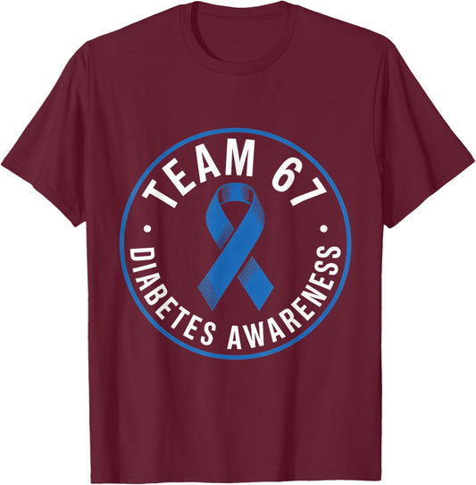 Team 67 Six Seven Diabetes Awareness Month Blue Cute Ribbon T-Shirt - T-Shirt | Maroon
