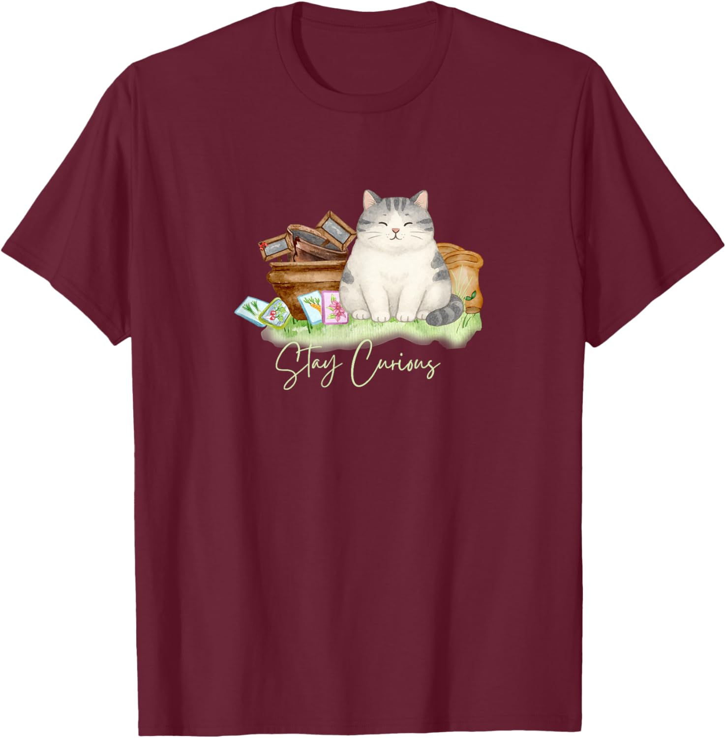 Stay Curious Cat – Whimsical Garden Art T-Shirt - T-Shirt | Maroon