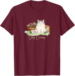 Stay Curious Cat – Whimsical Garden Art T-Shirt - T-Shirt | Maroon