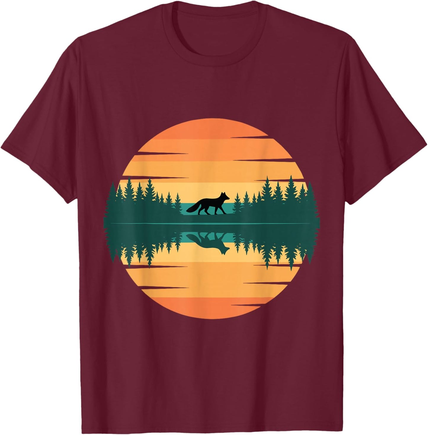 Minimalist Fox Silhouette Forest Nature Sunset Reflection T-Shirt - T-Shirt | Maroon