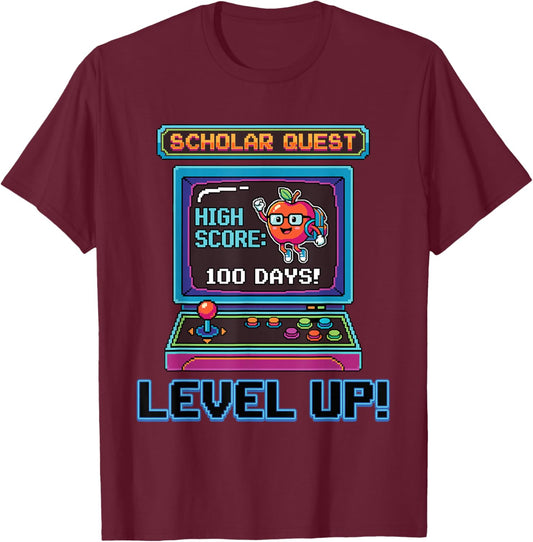 Level Up 100 Days of School Cool Gaming Game Gamer Student T-Shirt - T-Shirt | Maroon