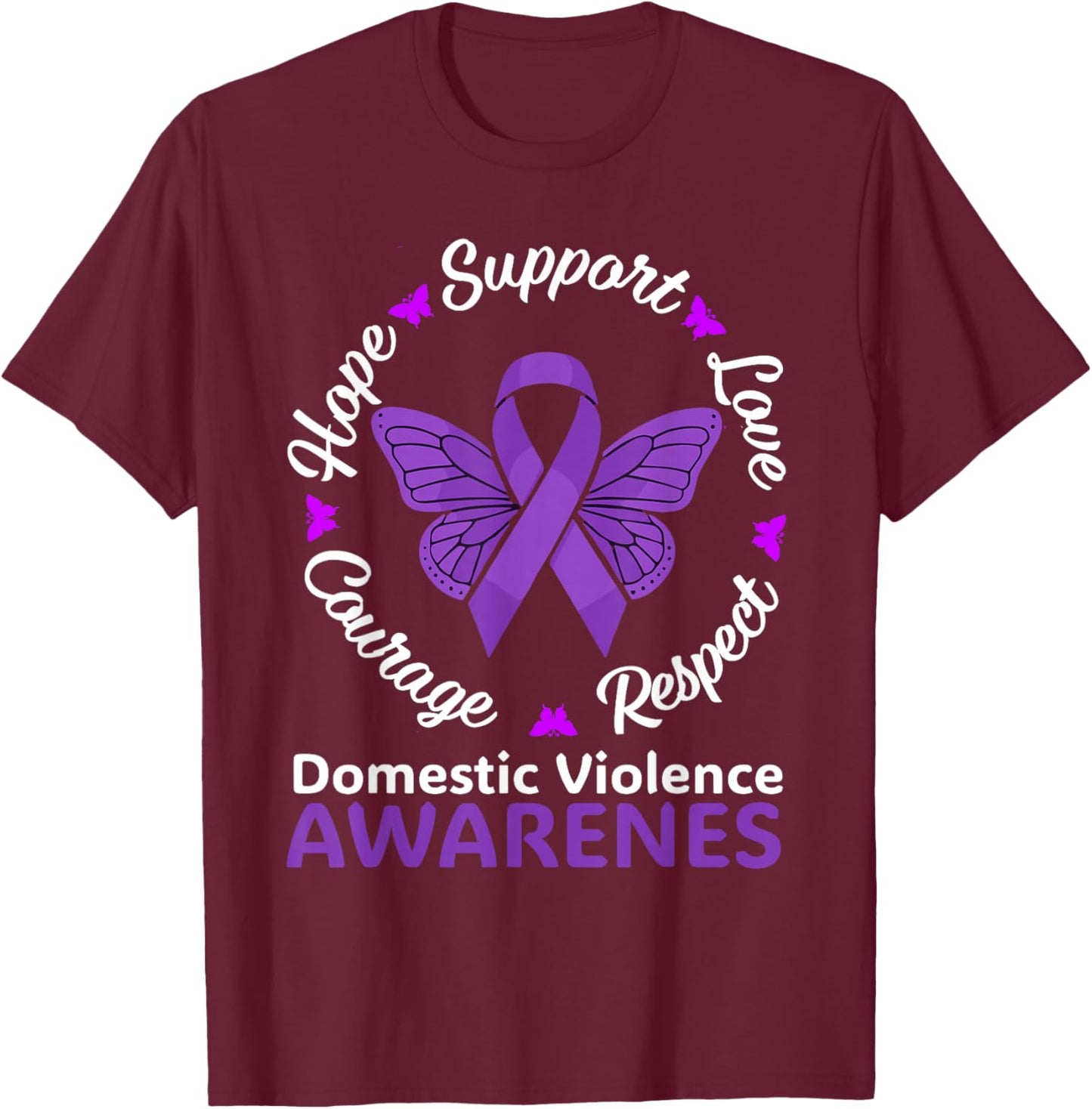 Domestic Violence Awareness Purple Ribbon Butterfly T-Shirt - T-Shirt | Maroon