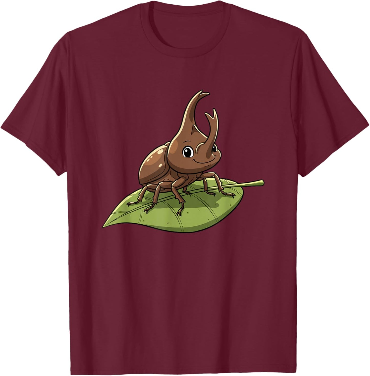 Cartoon Rhino Beetle On Green Leaf for Kids T-Shirt - T-Shirt | Maroon