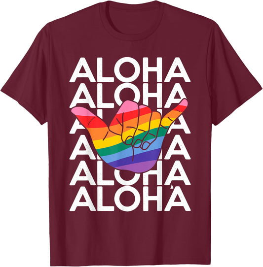 LGBTQ Aloha Hawaii Summer Vacation Pride Lesbian Rainbow T-Shirt - T-Shirt | Maroon