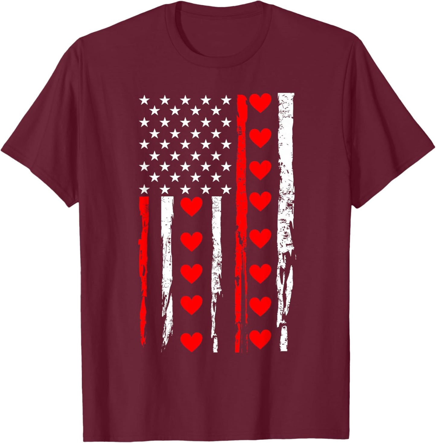 Valentines Day USA American Flag Hearts T-Shirt - T-Shirt | Maroon