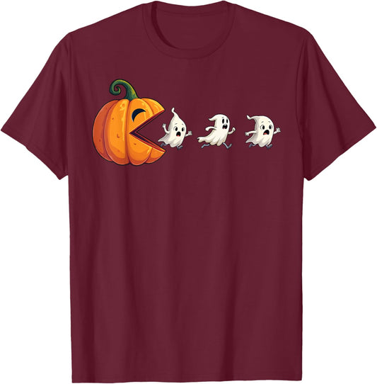 Funny Halloween Gamer Pumpkin Eating Ghosts T-Shirt - T-Shirt | Maroon