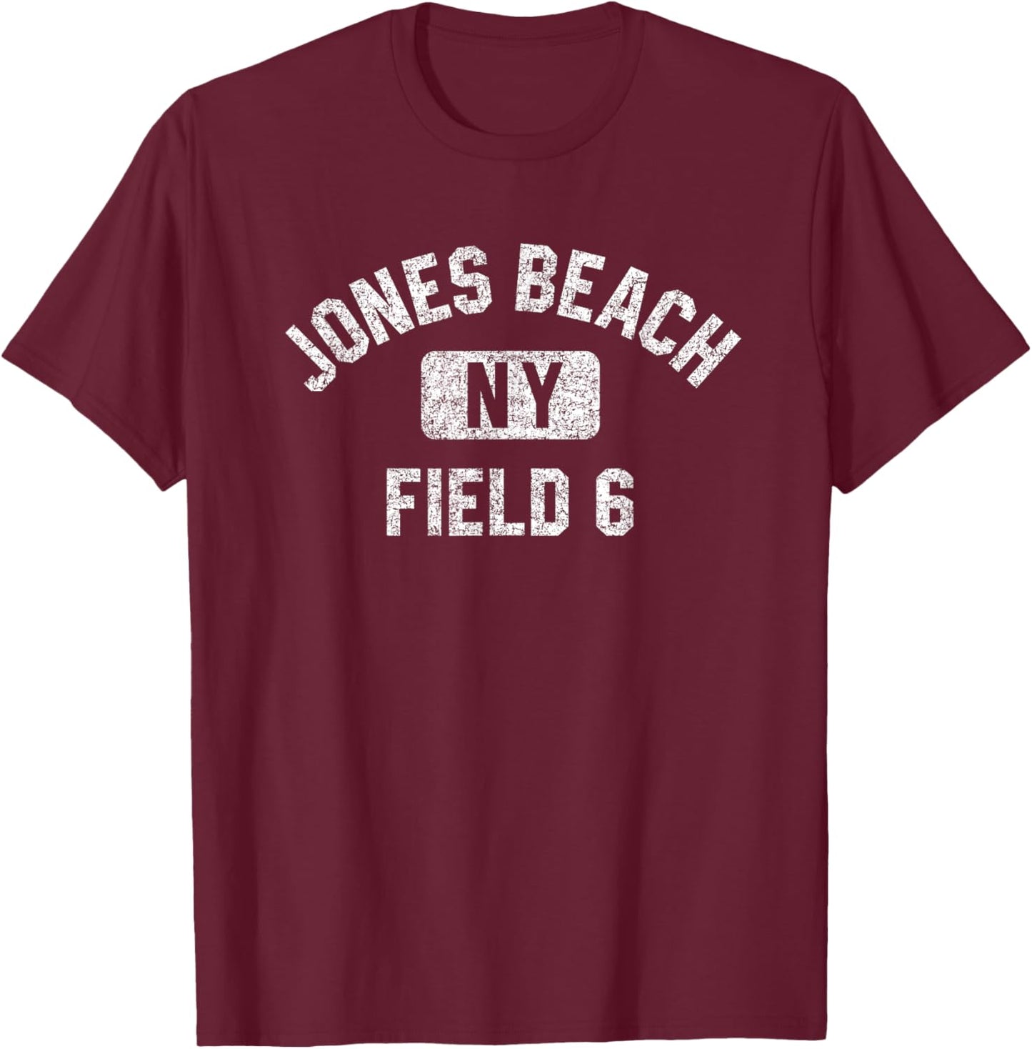 Jones Beach Field 6 Gym Style Distressed White Print T-Shirt - T-Shirt | Maroon