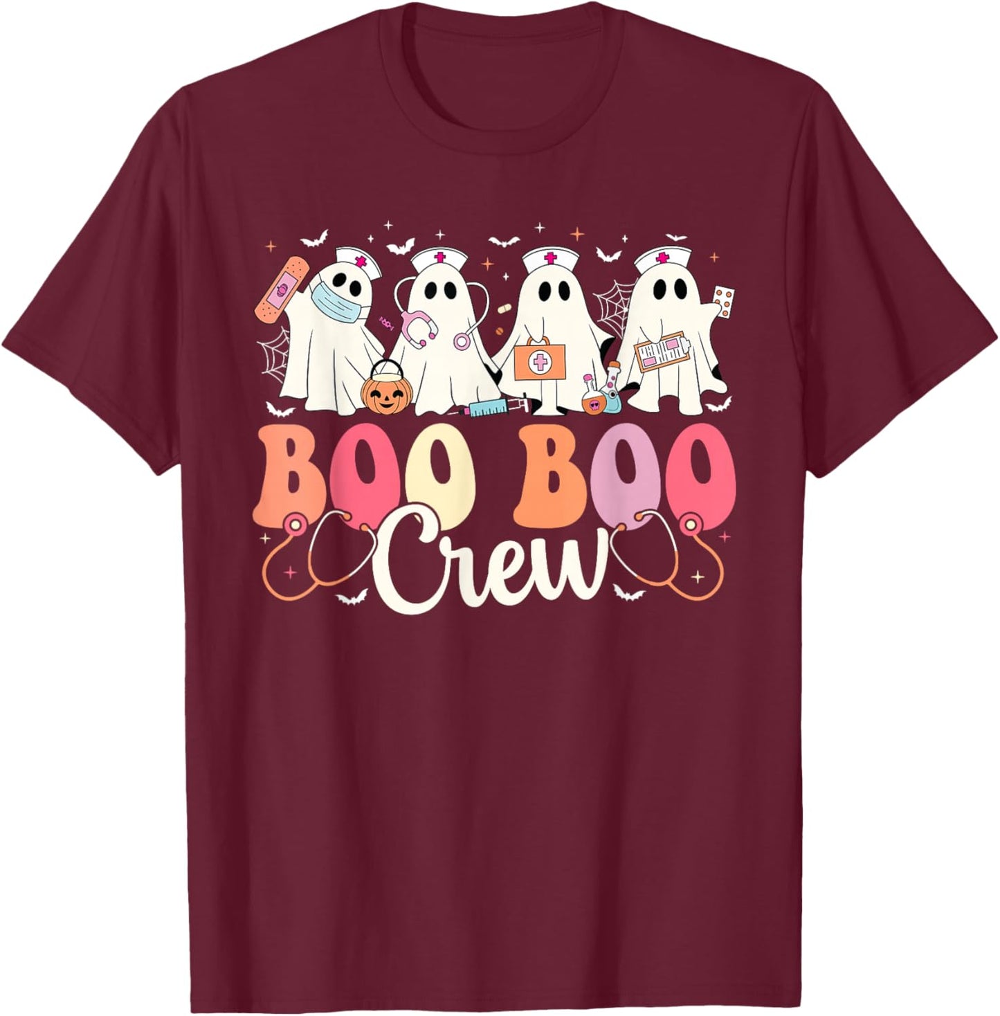 Boo Boo Crew Nurse Ghost Scrub Top Women Halloween Nursing T-Shirt - T-Shirt | Maroon