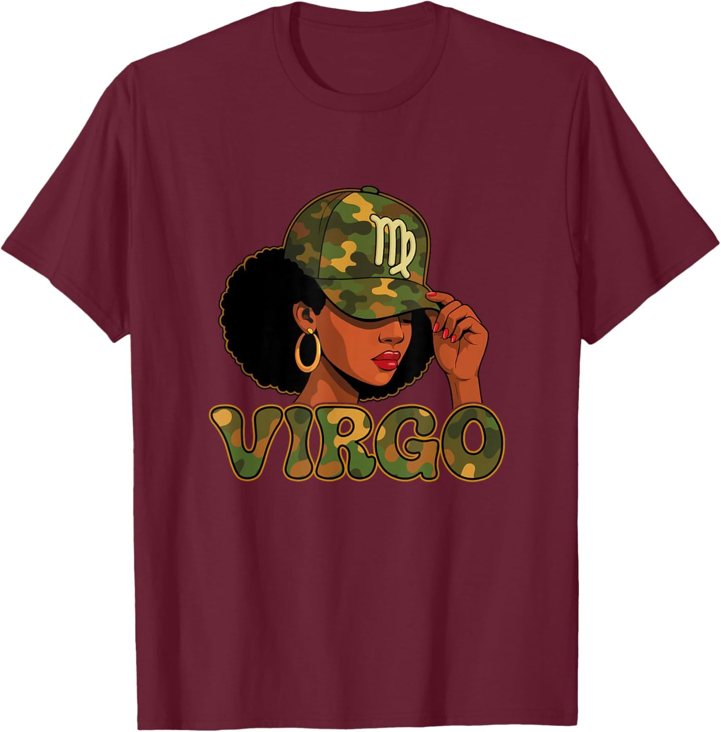 Virgo Queen Virgo Zodiac Sign Camo Afro Girl T-Shirt - T-Shirt | Maroon