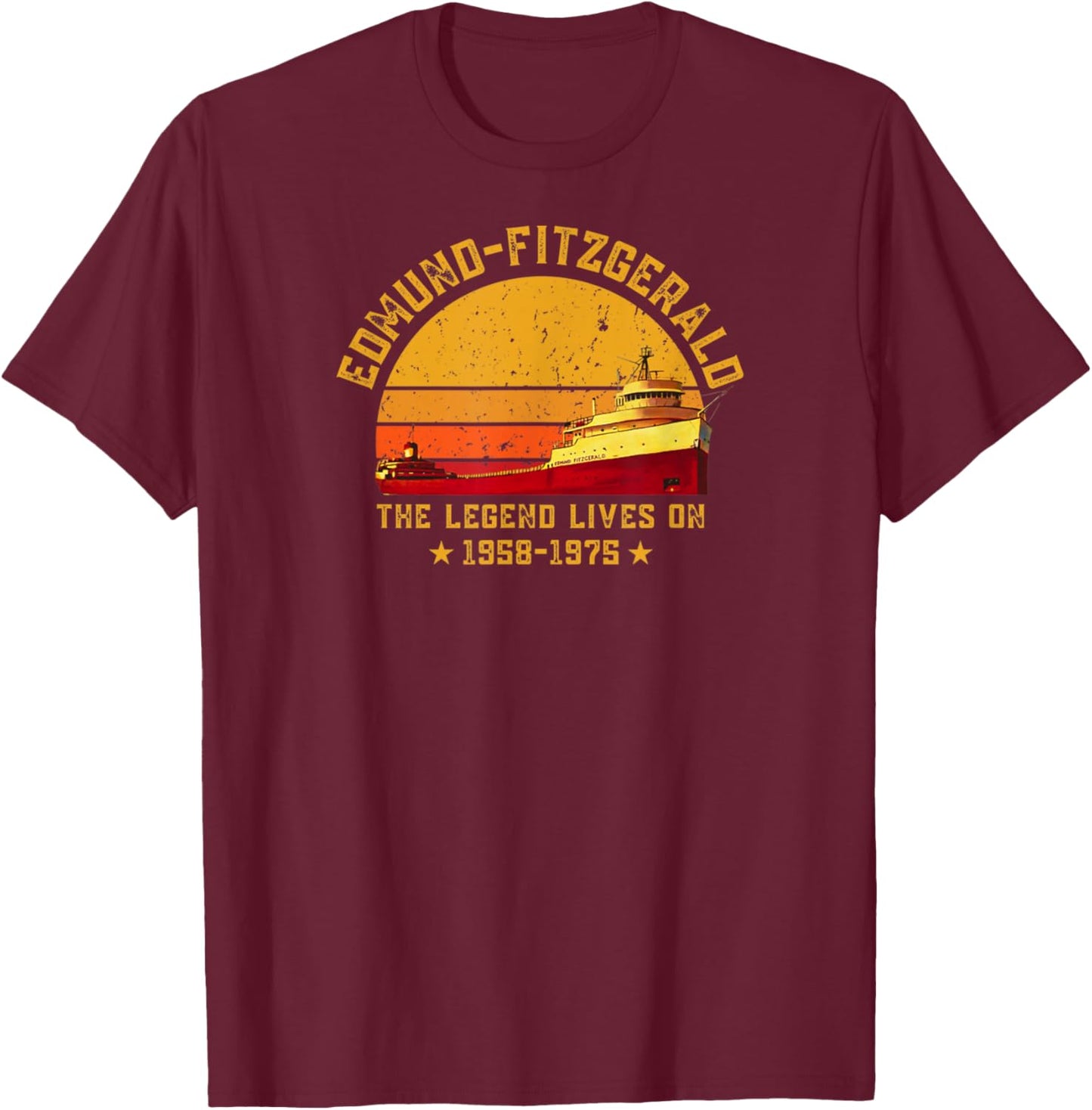 Edmund Fitzgerald Ship 1975 Anniversary Great Lakes Tribute T-Shirt - T-Shirt | Maroon