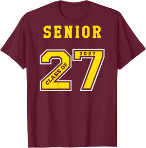 Senior 2027 (Back) Gold Class of 27 Jersey Graduation Gift T-Shirt - T-Shirt | Maroon
