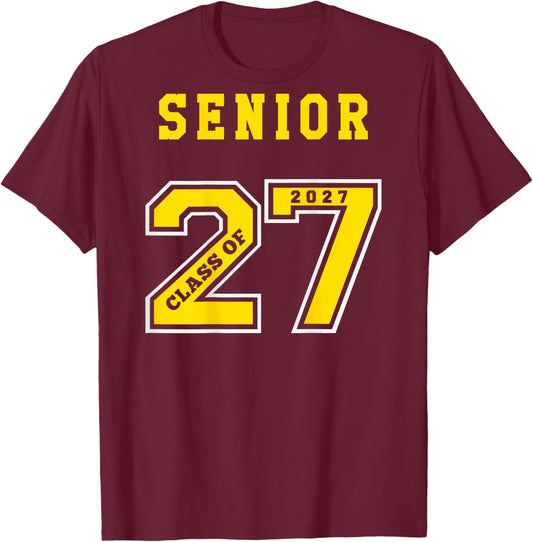 Senior 2027 (Back) Gold Class of 27 Jersey Graduation Gift T-Shirt - T-Shirt | Maroon
