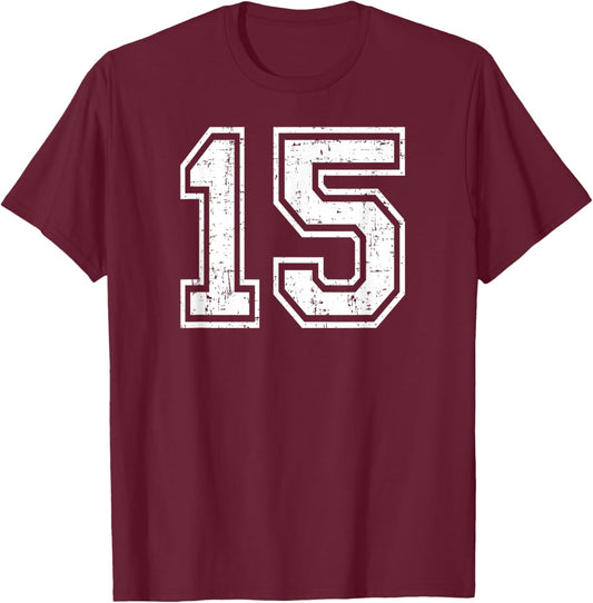 15 Number Fifteen Team Sports Grunge Varsity Matching T-Shirt - T-Shirt | Maroon