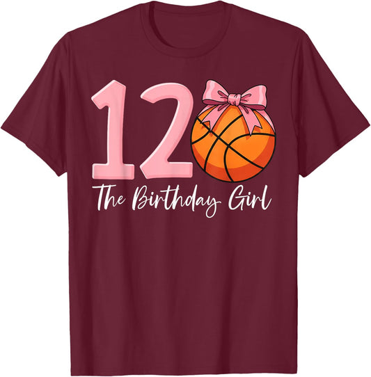 12th Birthday Girl Basketball Ball Coquette Pink 11 Eleven T-Shirt - T-Shirt | Maroon