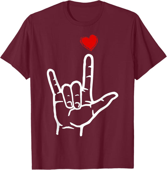 Valentines Day I Love You Hand Sign ASL Heart Women Men Kids T-Shirt - T-Shirt | Maroon
