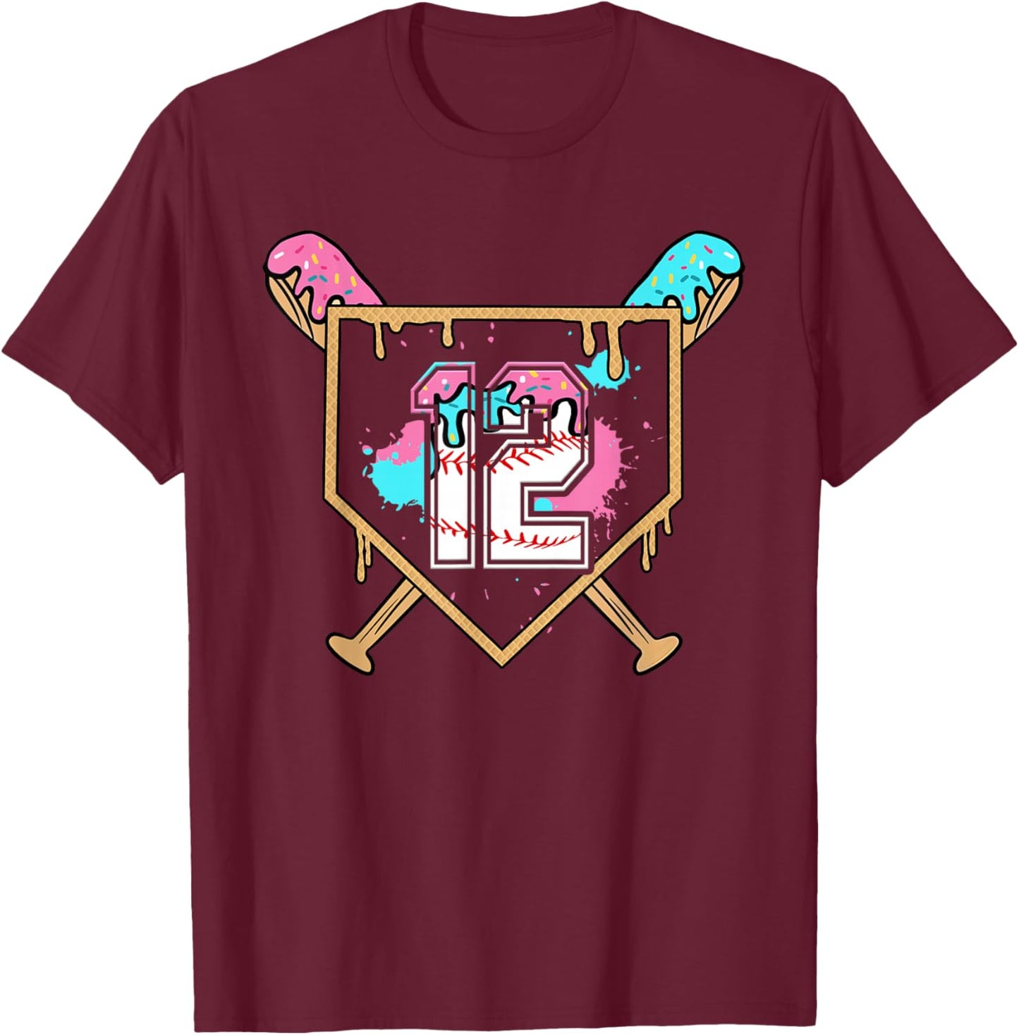 12th Birthday Baseball Bat Ice-Cream Drip 12yrs Old Boy Kid T-Shirt - T-Shirt | Maroon