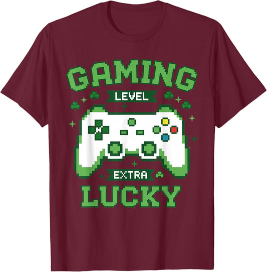 Gamer Boys St Patrick’s Day Shirt, Gaming Level Extra Lucky T-Shirt - T-Shirt | Maroon