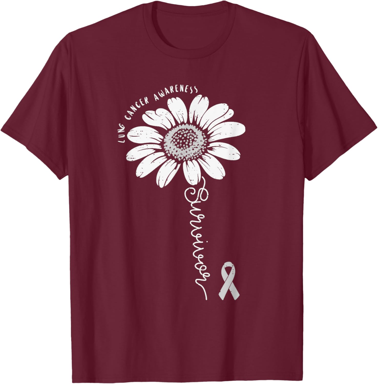 Lung Cancer Awareness Survivor Flower White Ribbon Support T-Shirt - T-Shirt | Maroon