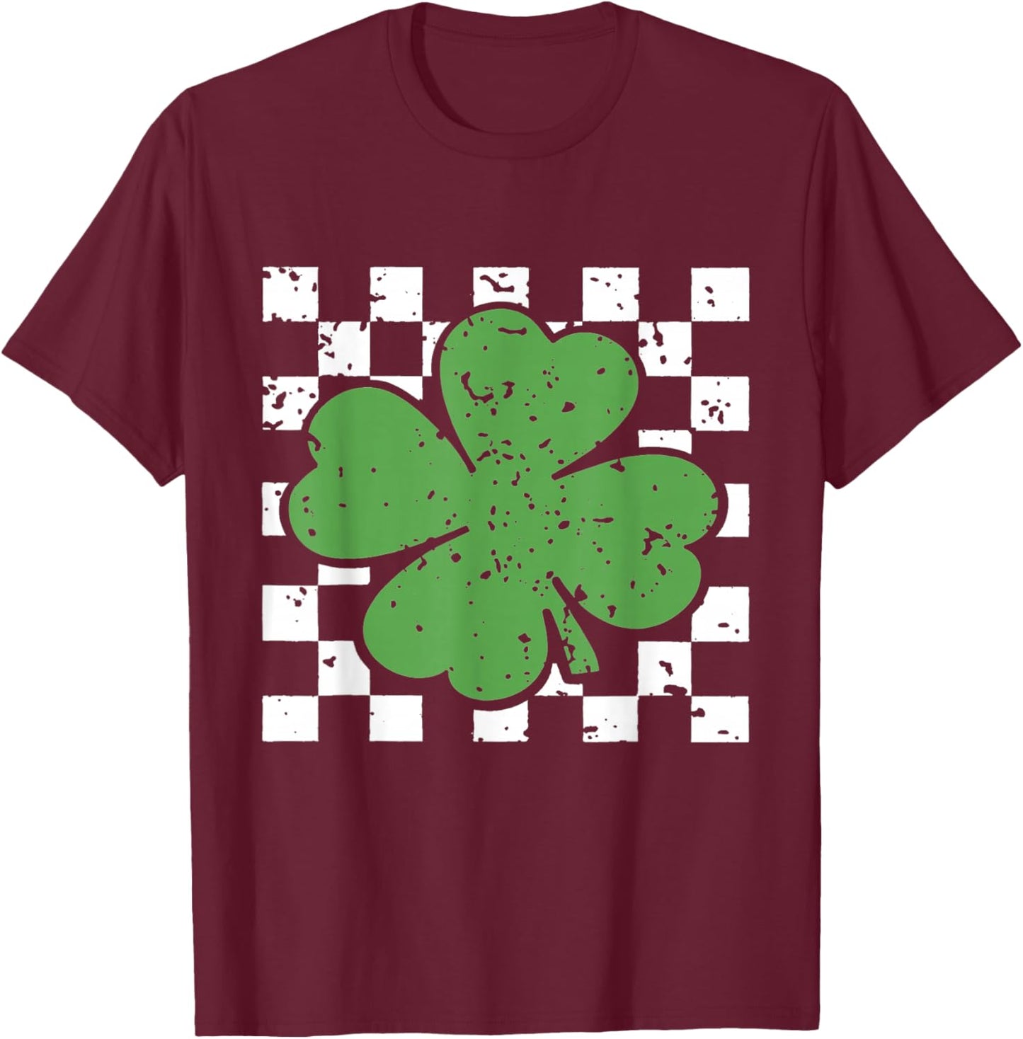 Vintage Four Leaf Clover Checkered Pattern Green T-Shirt - T-Shirt | Maroon