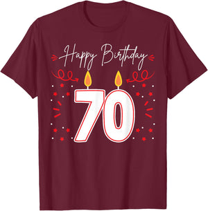 Candle 70 Birthday Party Decoration Wishes Candlelight Cake T-Shirt - T-Shirt | Maroon