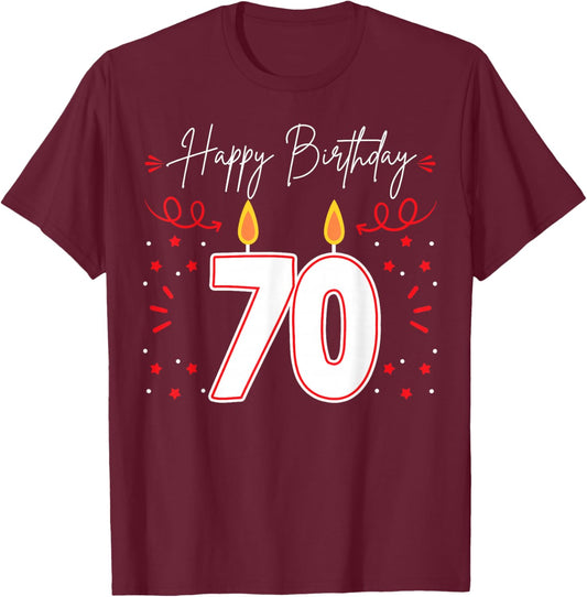 Candle 70 Birthday Party Decoration Wishes Candlelight Cake T-Shirt - T-Shirt | Maroon