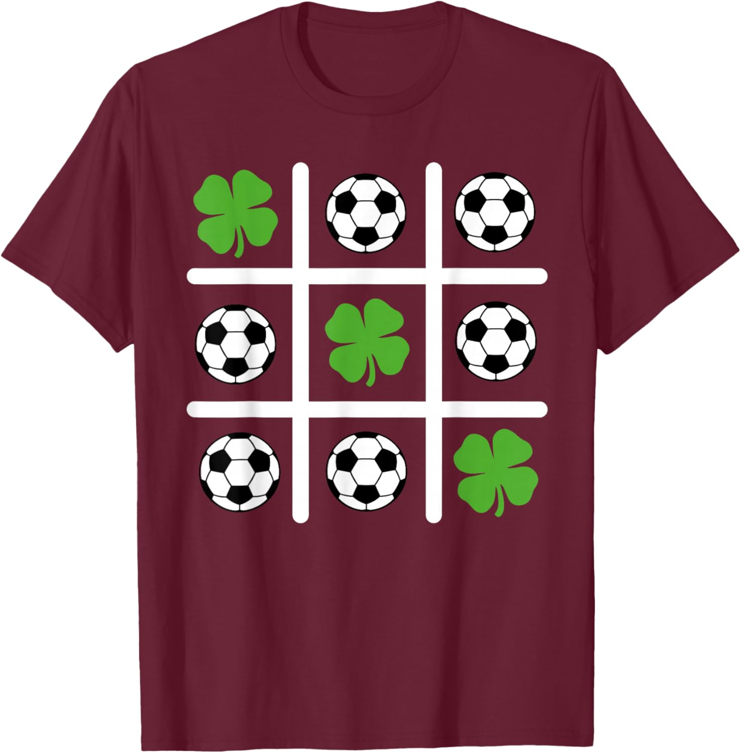 St Patricks Day Tic Tac Toe Soccer Shamrock Lucky Clover T-Shirt - T-Shirt | Maroon
