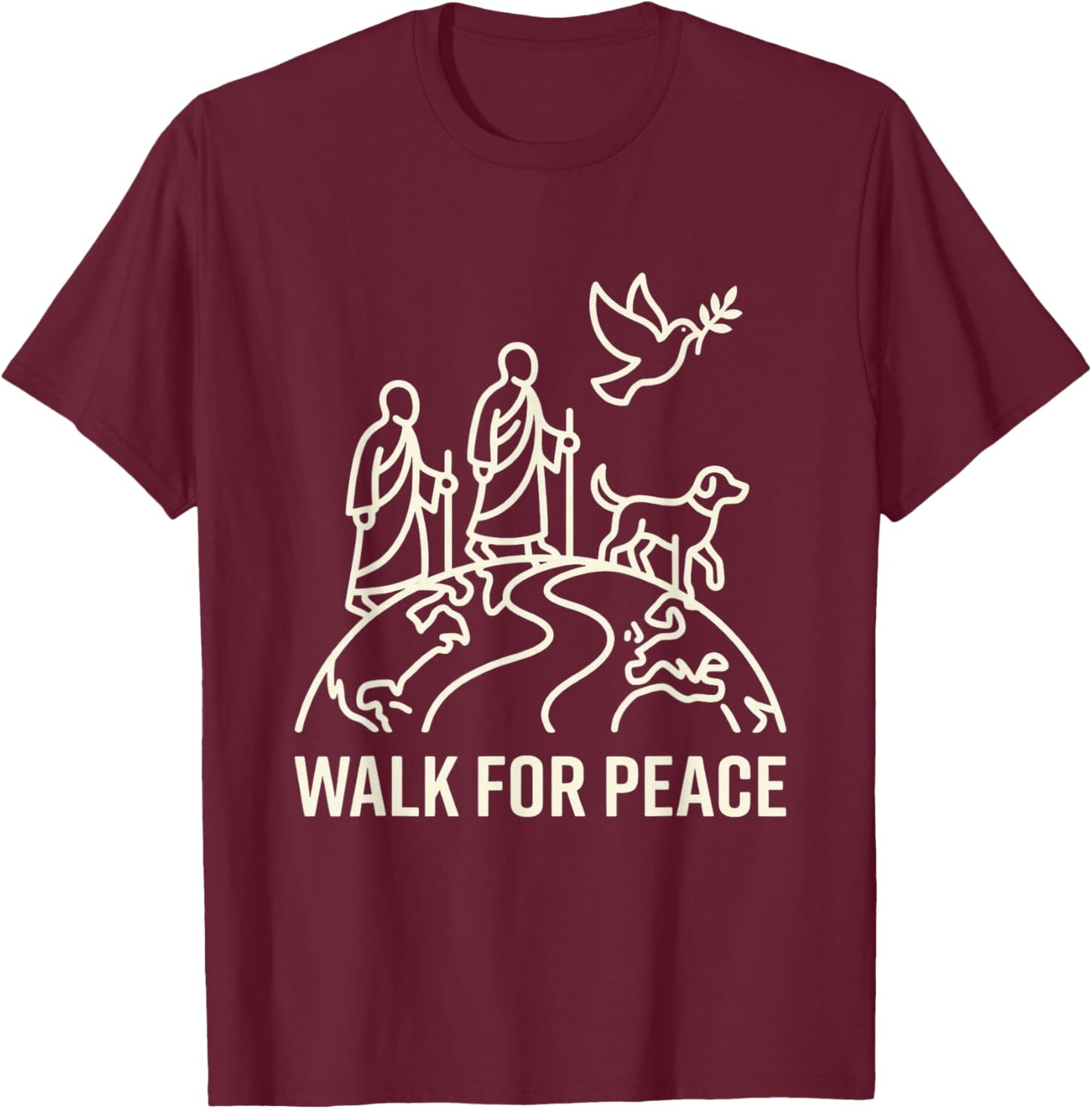 Walk for Peace Aloka Monks with Dog and Dove Line Art T-Shirt - T-Shirt | Maroon