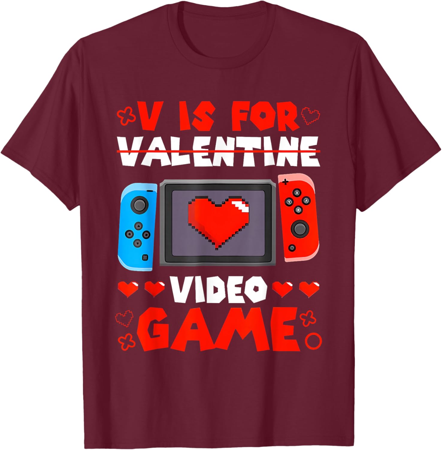 V is for Video Games Funny Valentines Gamer Boy Men Kids T-Shirt - T-Shirt | Maroon