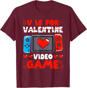 V is for Video Games Funny Valentines Gamer Boy Men Kids T-Shirt - T-Shirt | Maroon