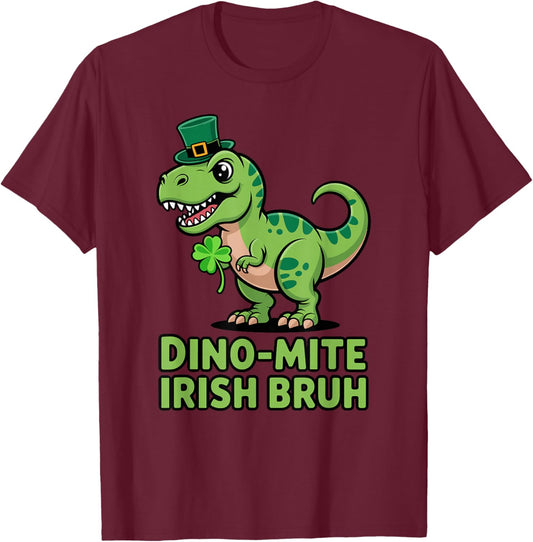 Dino-mite Irish Bruh St Patricks Day T-Rex Dinosaur Boys T-Shirt - T-Shirt | Maroon